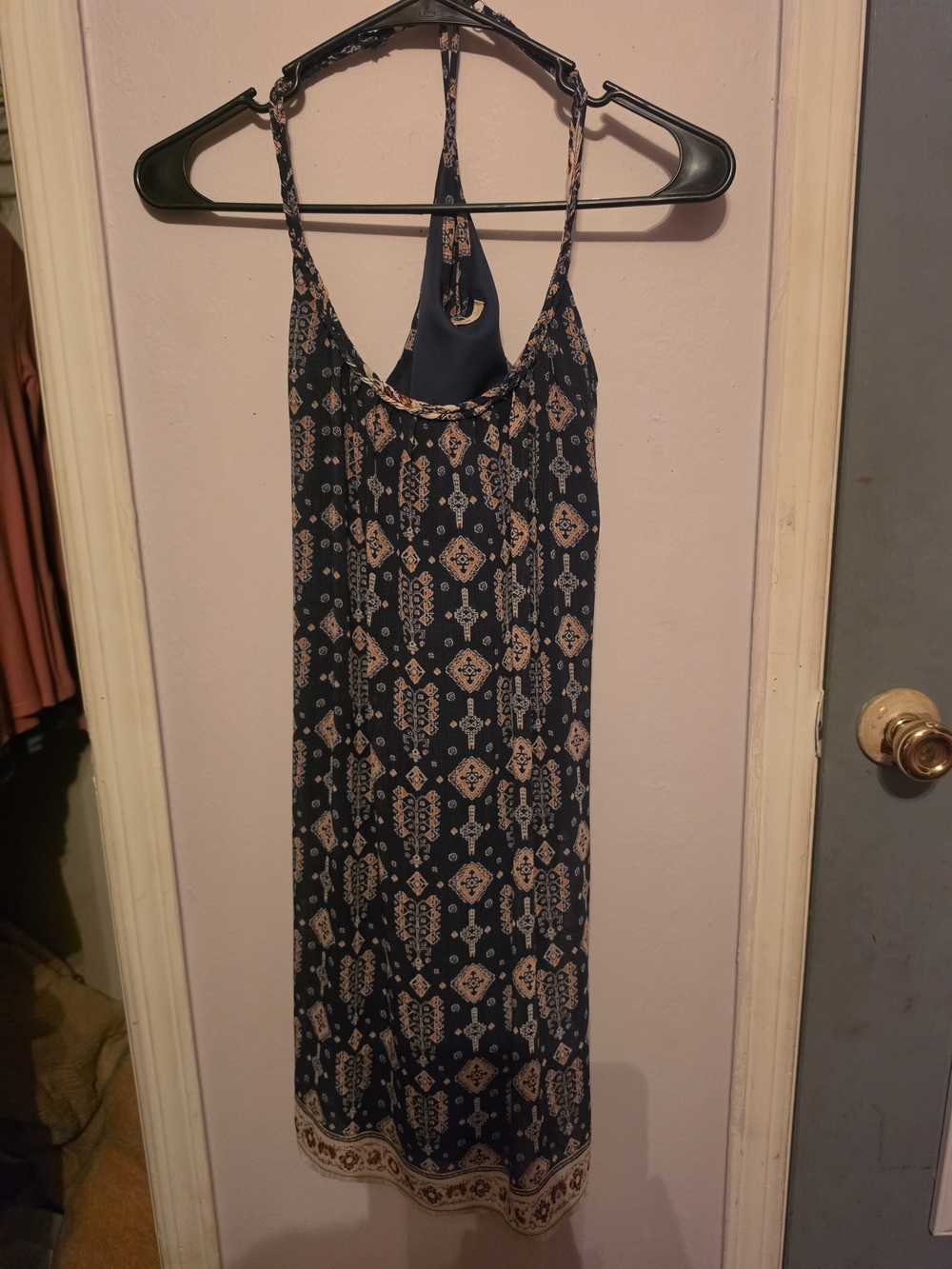 Hollister Navy and Cream Patterned Maxi Halter Dress
